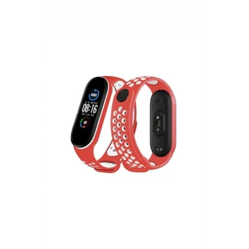 Mey İthalat®   Mi Band 4 Spor Delikli Kordon - Kırmızı-Beyaz