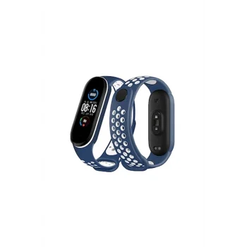 Mey İthalat®   Mi Band 4 Spor Delikli Kordon - Lacivert-Beyaz