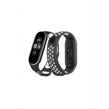 Mey İthalat®   Mi Band 4 Spor Delikli Kordon - Siyah-Beyaz