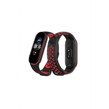 Mey İthalat®   Mi Band 4 Spor Delikli Kordon - Siyah-Kırmızı