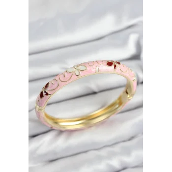 Mey İthalat® Mineli Pirinç Pembe Çiçek Motifli Gold Kadın Kelepçe