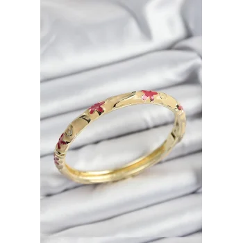 Mey İthalat® Mineli Pirinç Pembe Ve Krem Çiçek Motifli Gold Renk Kadın Kelepçe