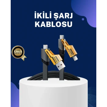 Mey İthalat® Örgülü Tasarım 4’ü 1 Arada USB-C Lightning Hızlı Şarj Kablosu