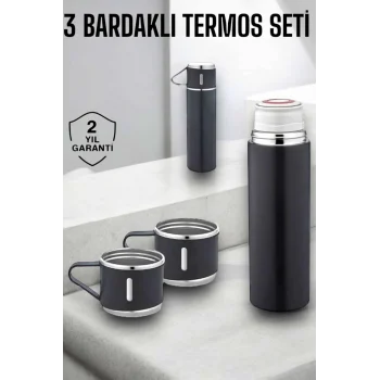 Mey İthalat® Paslanmaz Çelik 3’lü Termos Seti Vakumlu ve 8 Saat Isı Koruma