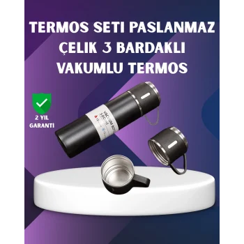 Mey İthalat® Paslanmaz Termos ve İkili Bardak Seti | 6-12 Saat Sıcak/Soğuk Tutma