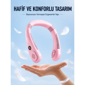 Mey İthalat® Pembe Boyun Tipi Fan USB Şarjlı Hafif Tasarım Güçlü Hava Üflemeli Serinletici