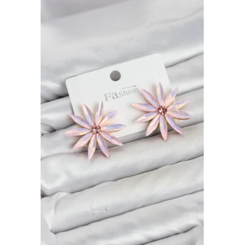 Mey İthalat® Pembe Kristal Taşlı Lotus Model Kadın Küpe