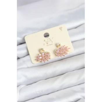 Mey İthalat® Pembe Zirkon Taşlı Gold Swan Kuğu Model Kadın Küpe