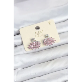 Mey İthalat® Pembe Zirkon Taşlı Gümüş Swan Kuğu Model Kadın Küpe