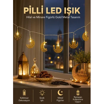 Mey İthalat® Pilli Minareli Hilal LED Işık Gold Metal Ramazan Dekorasyonu