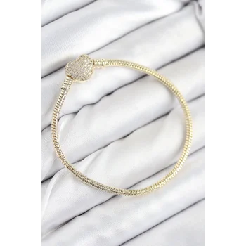 Mey İthalat® Pirinç Charm Zirkon Taşlı Kalp Model Gold Renk Kadın Bileklik