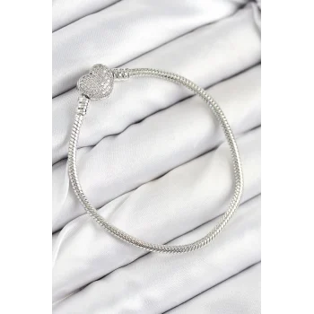 Mey İthalat® Pirinç Charm Zirkon Taşlı Kalp Model Gümüş Renk Kadın Bileklik