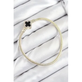 Mey İthalat® Pirinç Charm Zirkon Taşlı Yonca Model Gold Renk Kadın Bileklik