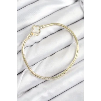 Mey İthalat® Pirinç Charm Zirkon Taşlı Yonca Model Gold Renk Kadın Bileklik