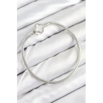 Mey İthalat® Pirinç Charm Zirkon Taşlı Yonca Model Gümüş Renk Kadın Bileklik