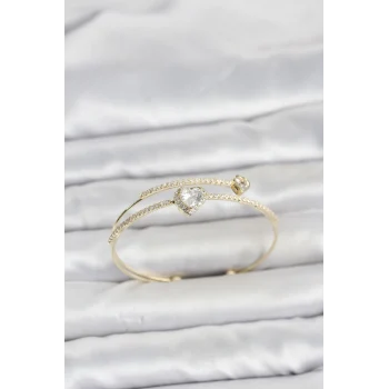 Mey İthalat® Pirinç Gold Renk Kalp Model Zirkon Taşlı Kadın Bileklik