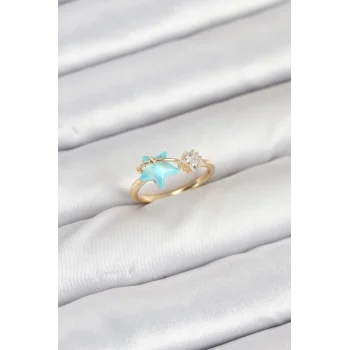 Mey İthalat® Pirinç Gold Renk Mavi Yıldızlı Model Kadın Yüzük