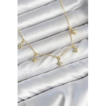 Mey İthalat® Pirinç Gold Renk Sıralı Minimal Kutup Yıldızı Model Kadın Kolye