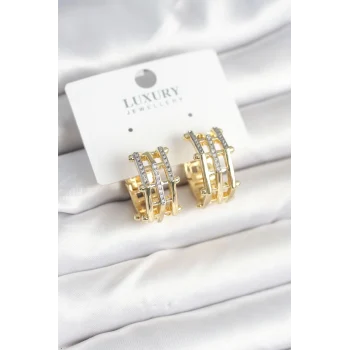 Mey İthalat® Pirinç Gold Renk Taşlı Halka Kadın Küpe