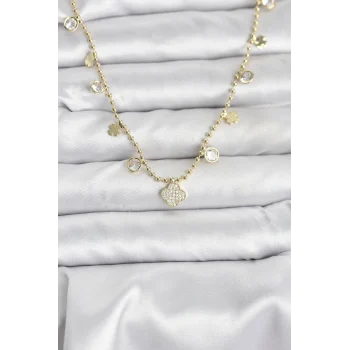 Mey İthalat® Pirinç Gold Renk Yonca Model Kadın Kolye