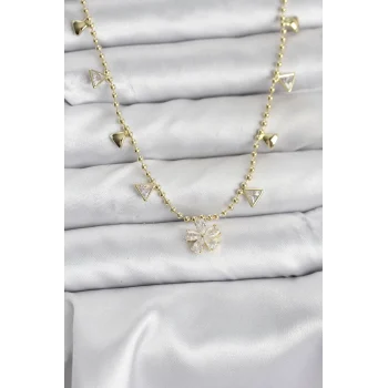 Mey İthalat® Pirinç Gold Renk Zirkon Taşlı Çiçek Model Kadın Kolye