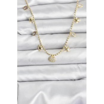 Mey İthalat® Pirinç Gold Renk Zirkon Taşlı Deniz Kabuğu Model Kadın Kolye
