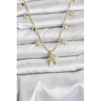 Mey İthalat® Pirinç Gold Renk Zirkon Taşlı Deniz Yıldızı Model Kadın Kolye