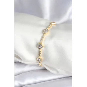 Mey İthalat® Pirinç Gold Renk Zirkon Taşlı Kalpli Model Kadın Bileklik