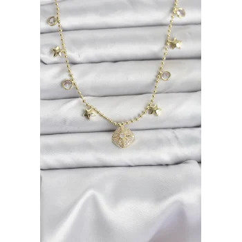 Mey İthalat® Pirinç Gold Renk Zirkon Taşlı Kutup Yıldızı Model Kadın Kolye