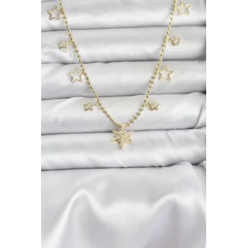 Mey İthalat® Pirinç Gold Renk Zirkon Taşlı Kutup Yıldızı Model Kadın Kolye