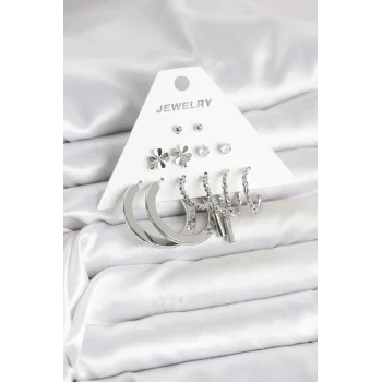 Mey İthalat® Pirinç Gümüş Renk 6 Çift Kadın Küpe Seti