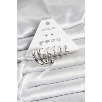 Mey İthalat® Pirinç Gümüş Renk Halka Modelli 6 Çift Kadın Küpe