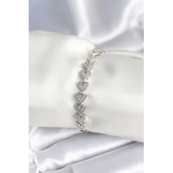 Mey İthalat® Pirinç Gümüş Renk Kalp Model Kadın Bileklik