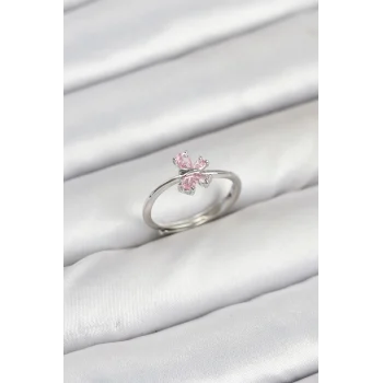 Mey İthalat® Pirinç Gümüş Renk Pembe Kelebek Kadın Yüzük