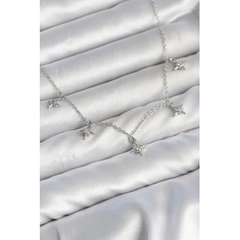 Mey İthalat® Pirinç Gümüş Renk Sıralı Minimal Kutup Yıldızı Model Kadın Kolye
