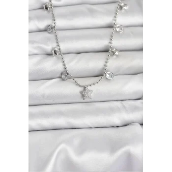 Mey İthalat® Pirinç Gümüş Renk Yıldız Model Kadın Kolye