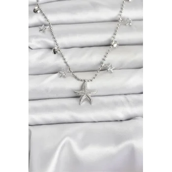 Mey İthalat® Pirinç Gümüş Renk Zirkon Taşlı Deniz Yıldızı Model Kadın Kolye