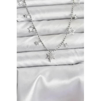 Mey İthalat® Pirinç Gümüş Renk Zirkon Taşlı Kutup Yıldızı Model Kadın Kolye