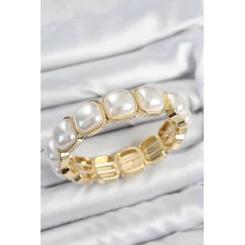 Mey İthalat® Pirinç Kare İnci Model Gold Renk Lastikli Kadın Bileklik