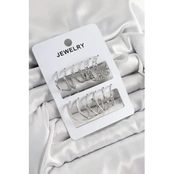 Mey İthalat® Pirinç Karışık Halka Model Gümüş Renk 6 Çift Kadın Küpe Set