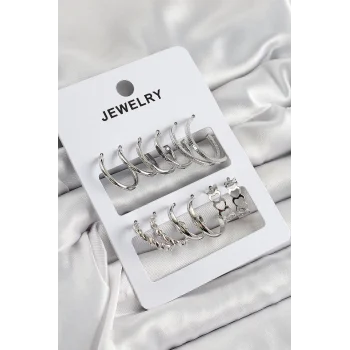 Mey İthalat® Pirinç Karışık Halka Model Gümüş Renk 6 Çift Kadın Küpe Set