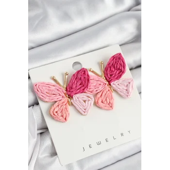 Mey İthalat® Pirinç Pembe Kelebek Model Gold Renk Kadın Hasır Küpe