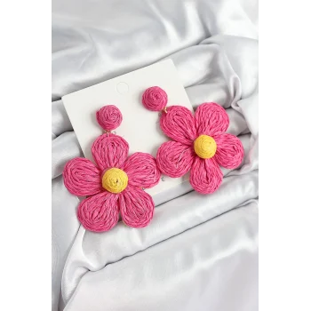 Mey İthalat® Pirinç Pembe Papatya Model Gold Renk Kadın Hasır Küpe