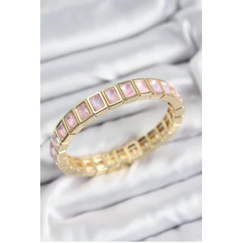 Mey İthalat® Pirinç Pembe Zirkon Taşlı Dikdörtgen Model Gold Renk Lastikli Kadın Bileklik