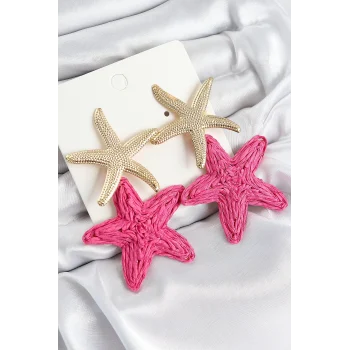 Mey İthalat® Pirinç Sallantılı Pembe Deniz Yıldızı Model Gold Renk Hasır Küpe