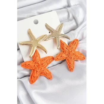 Mey İthalat® Pirinç Sallantılı Turuncu Deniz Yıldızı Model Gold Renk Hasır Küpe