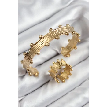 Mey İthalat® Pirinç Topcuk Model Gold Renk Bileklik Yüzük Set