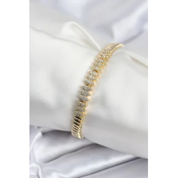 Mey İthalat® Pirinç VIP Seri Gold Renk Zirkon Taşlı Arpa Model Kadın Bileklik