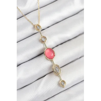 Mey İthalat® Pirinç Zincir Pembe Gold Renk Zirkon Taşlı Y Kolye