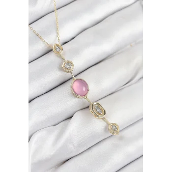 Mey İthalat® Pirinç Zincir Pembe Gold Renk Zirkon Taşlı Y Kolye